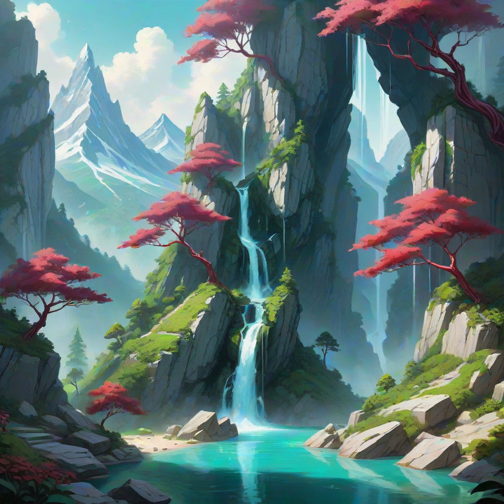 Emerald Waterfall Surrounded by Amethyst Trees and a Ruby Mo...