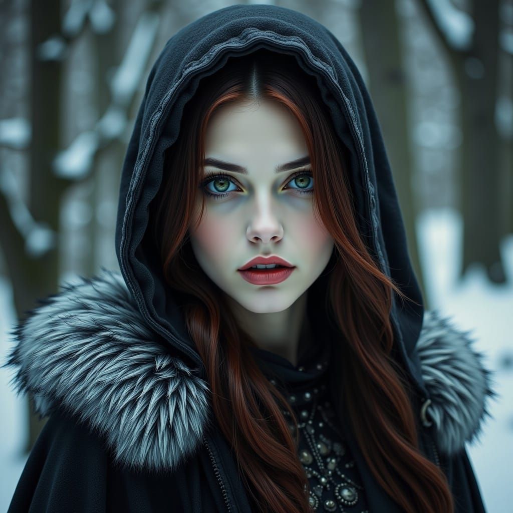 with green eyes, dark auburn hair,