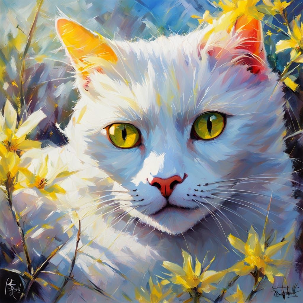 Surreal White Cat in Vibrant Spring Bloom