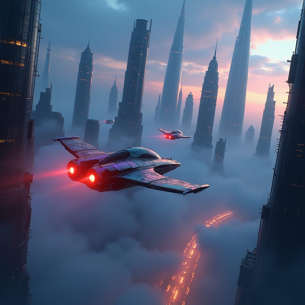 Futuristic Metropolis with Flying Cars in Fantasy Art Style