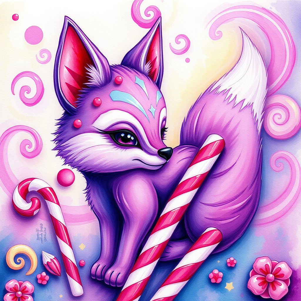 Candy Cane Fox in Candyland Gouache Art
