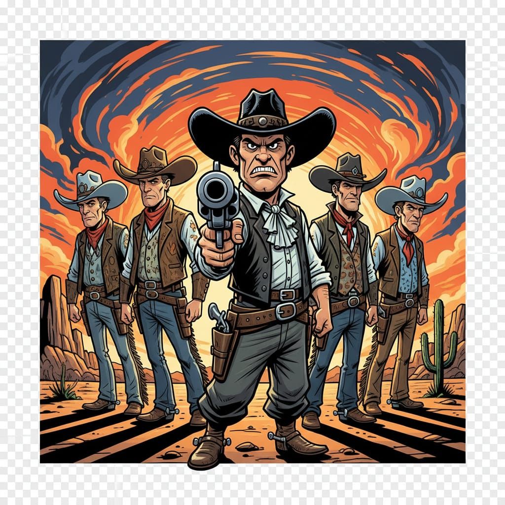 Six Cowboys in Dramatic Western Style at Sunset