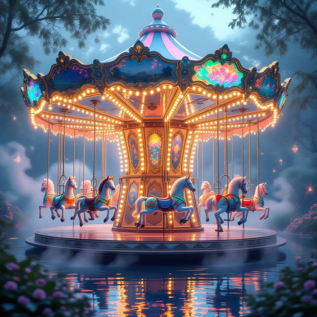 Ethereal Futuristic Carousel in Bioluminescent Forest