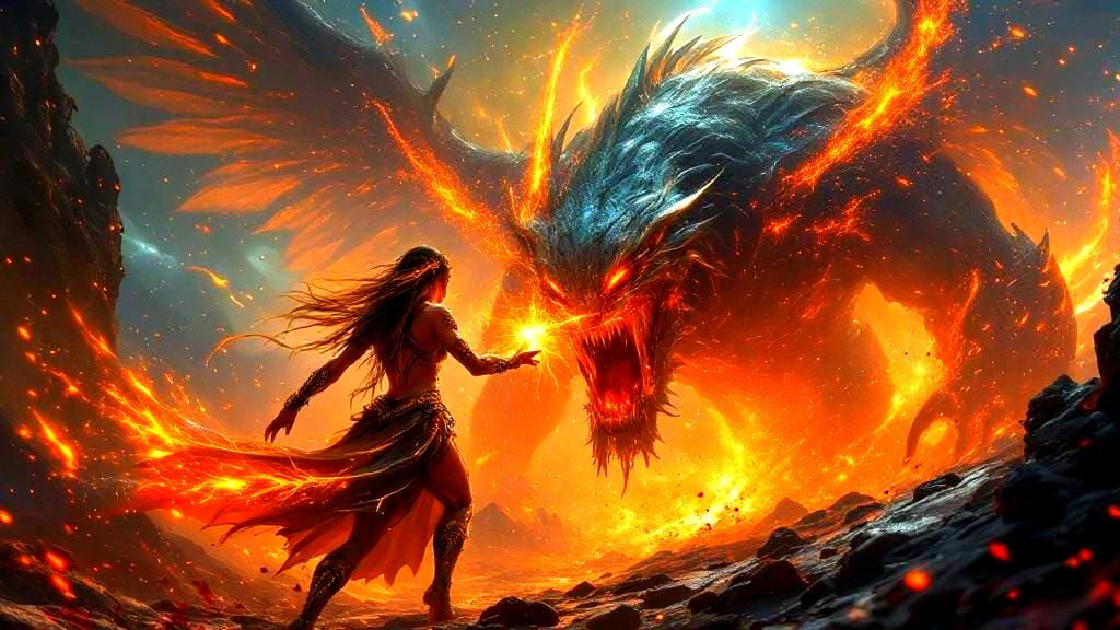 Sorceress Battles Titan in Cosmic Wasteland