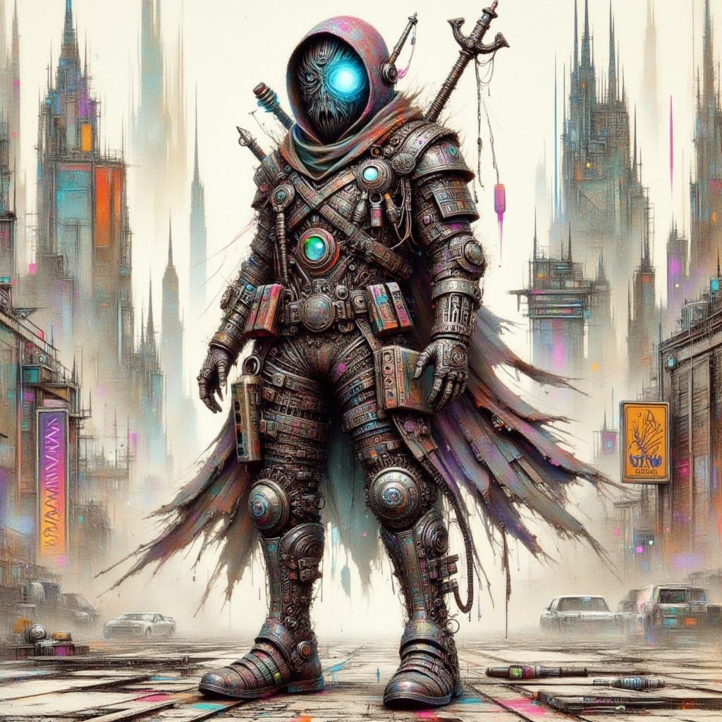 Cyberpunk Knight in Retro-Tech Urban Setting