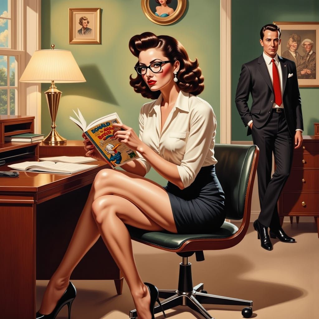 Norman Rockwell Style Oil Painting of Startled Woman with Co...