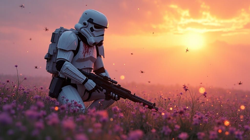 Stormtrooper in Flower Meadow: Dark Fantasy Art