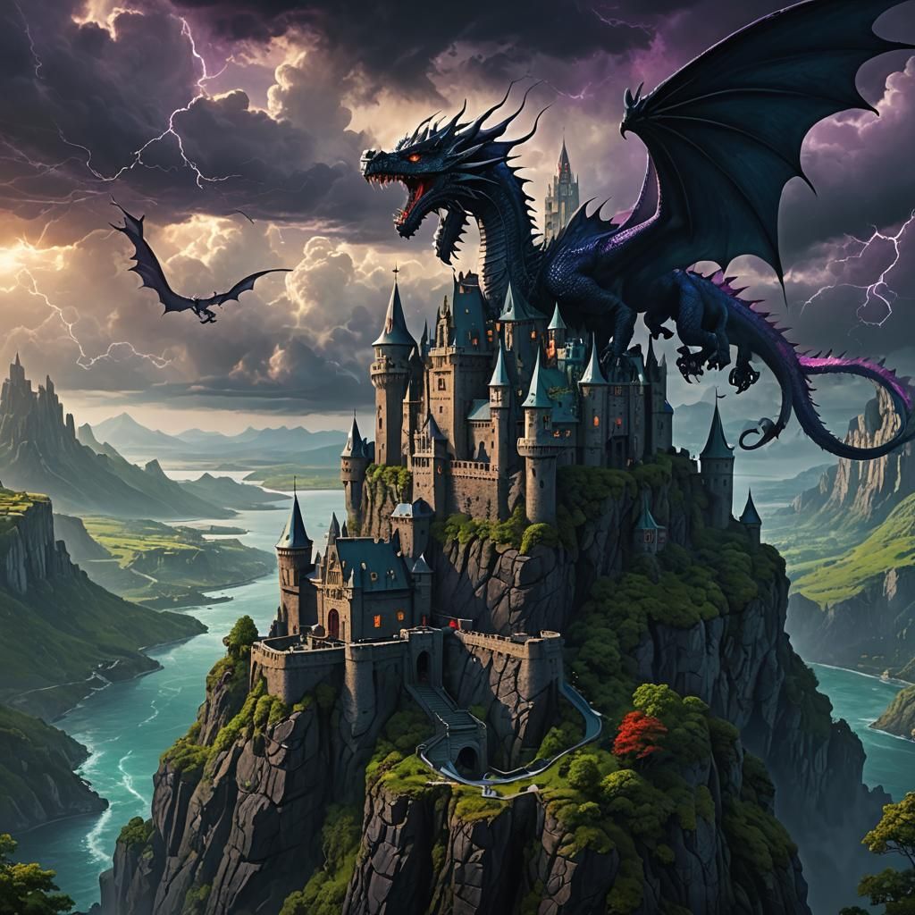 Epic Dragon Castle on a Cliff in Stormy Weather