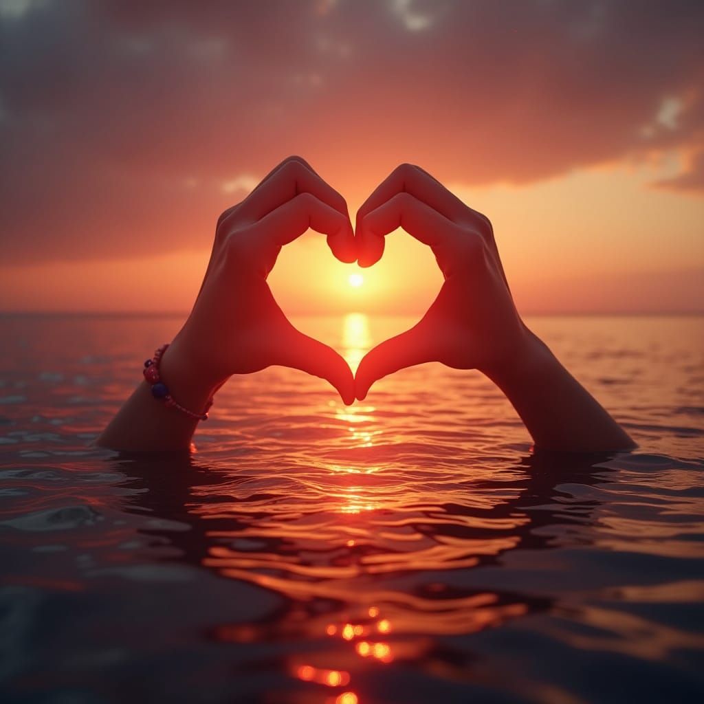 Romantic Sunset Over Water in a Heart Shape