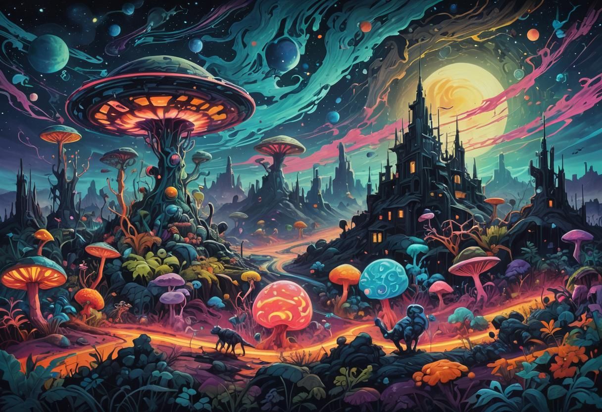 Animals on Alien Planet in Graffiti Art Style