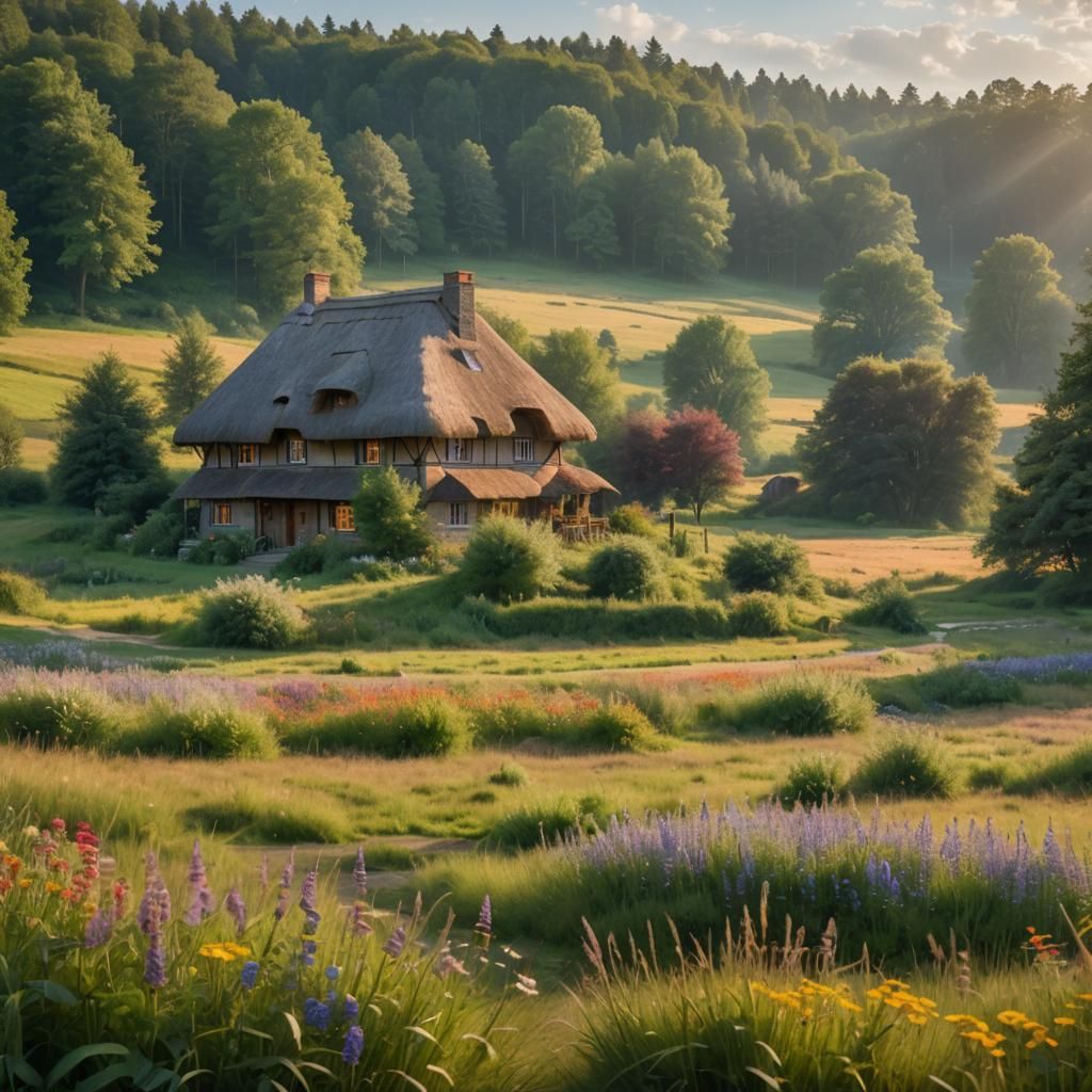 Impressionist House in Wildflower Field at Sunrise