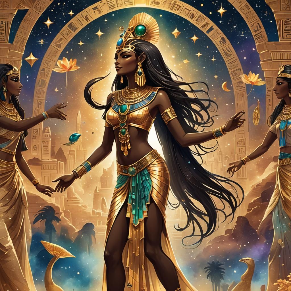 Golden Egyptian Goddesses Dancing in Silhouette Art