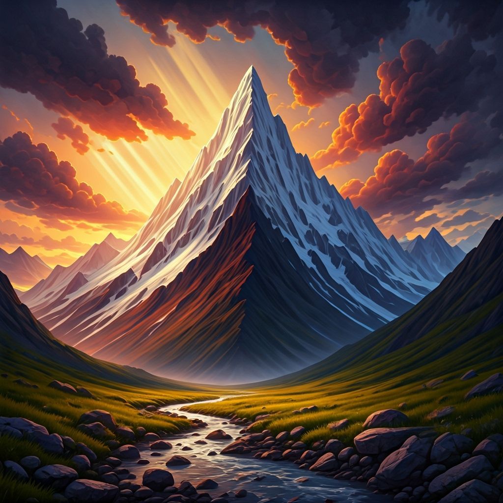 Majestic Mountain Peak Under Stormy Sunset Sky