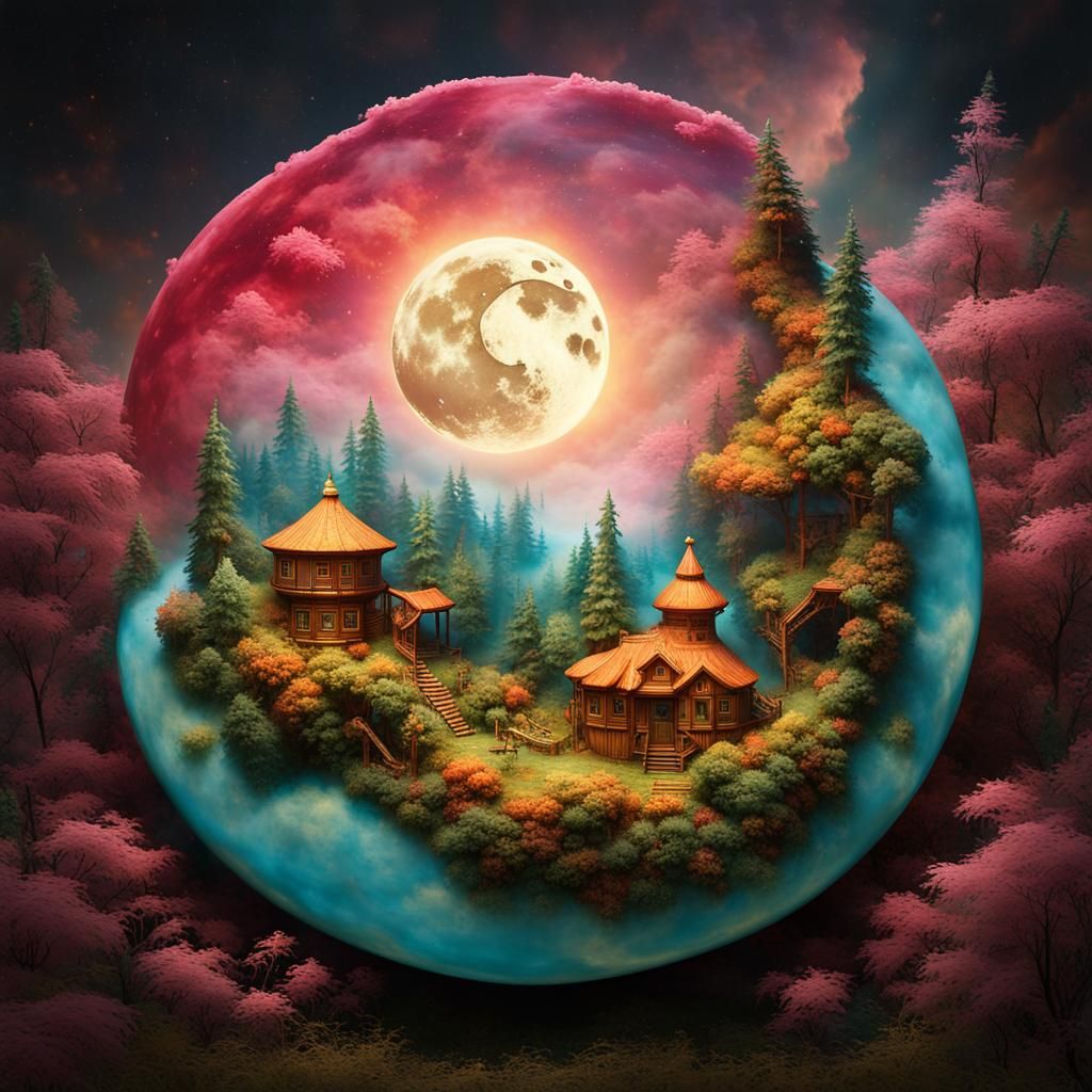 Surreal Yin Yang Moon Cake Sculpture in Forest