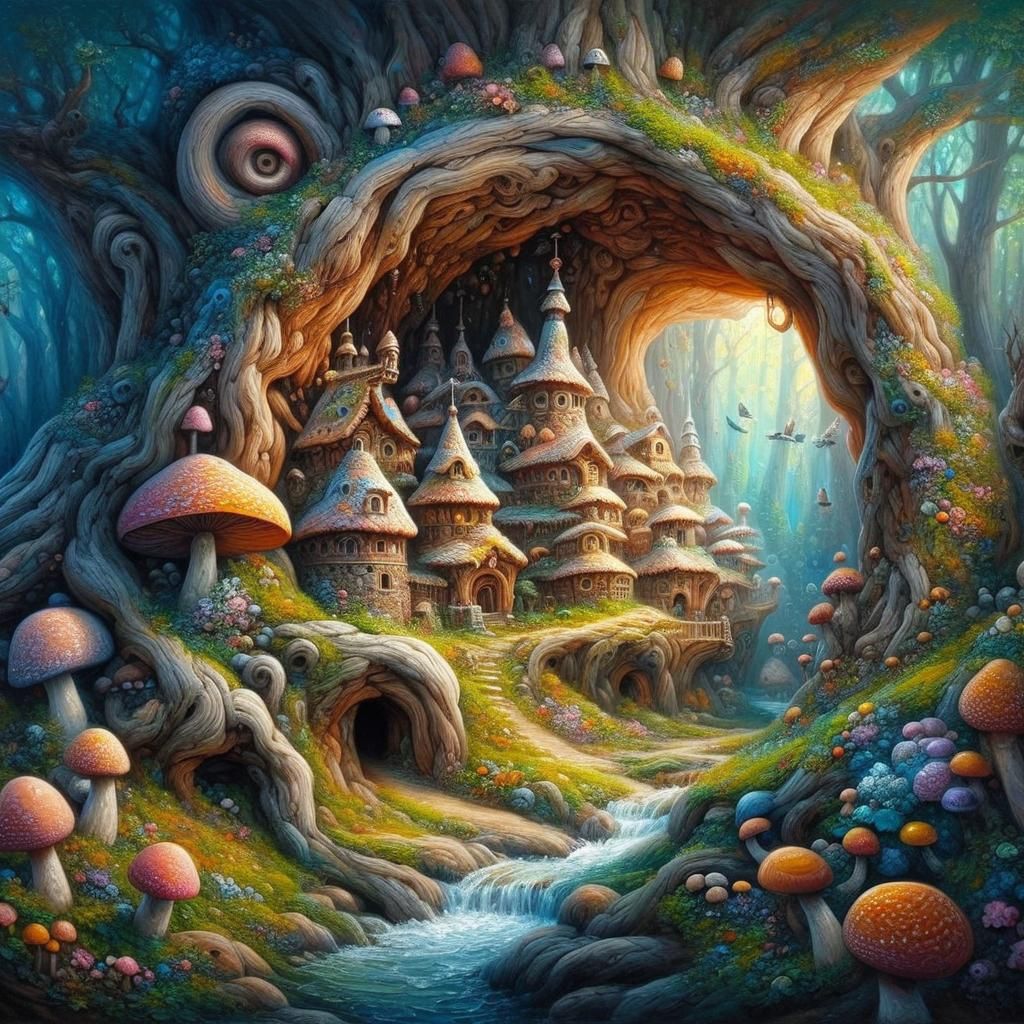 Fairytale Village in Tree Trunk, Impasto Painting