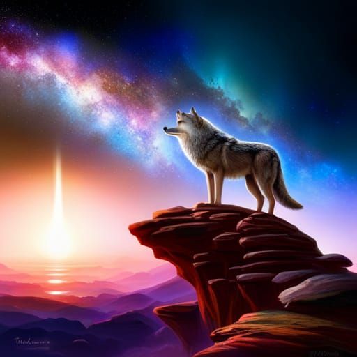 Wolf Howling at Milky Way: Ethereal Fantasy Art