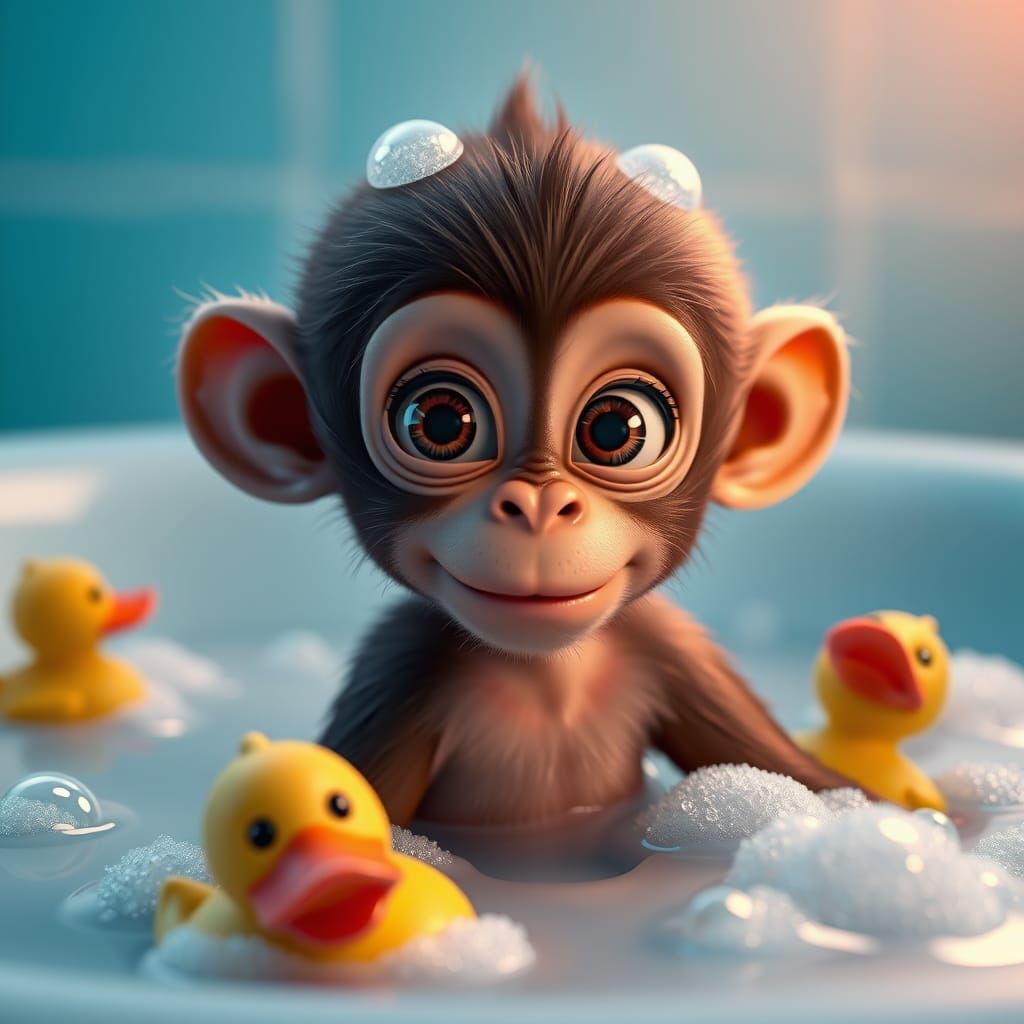 Heartwarming Baby Monkey in Bubbly Bath Scene