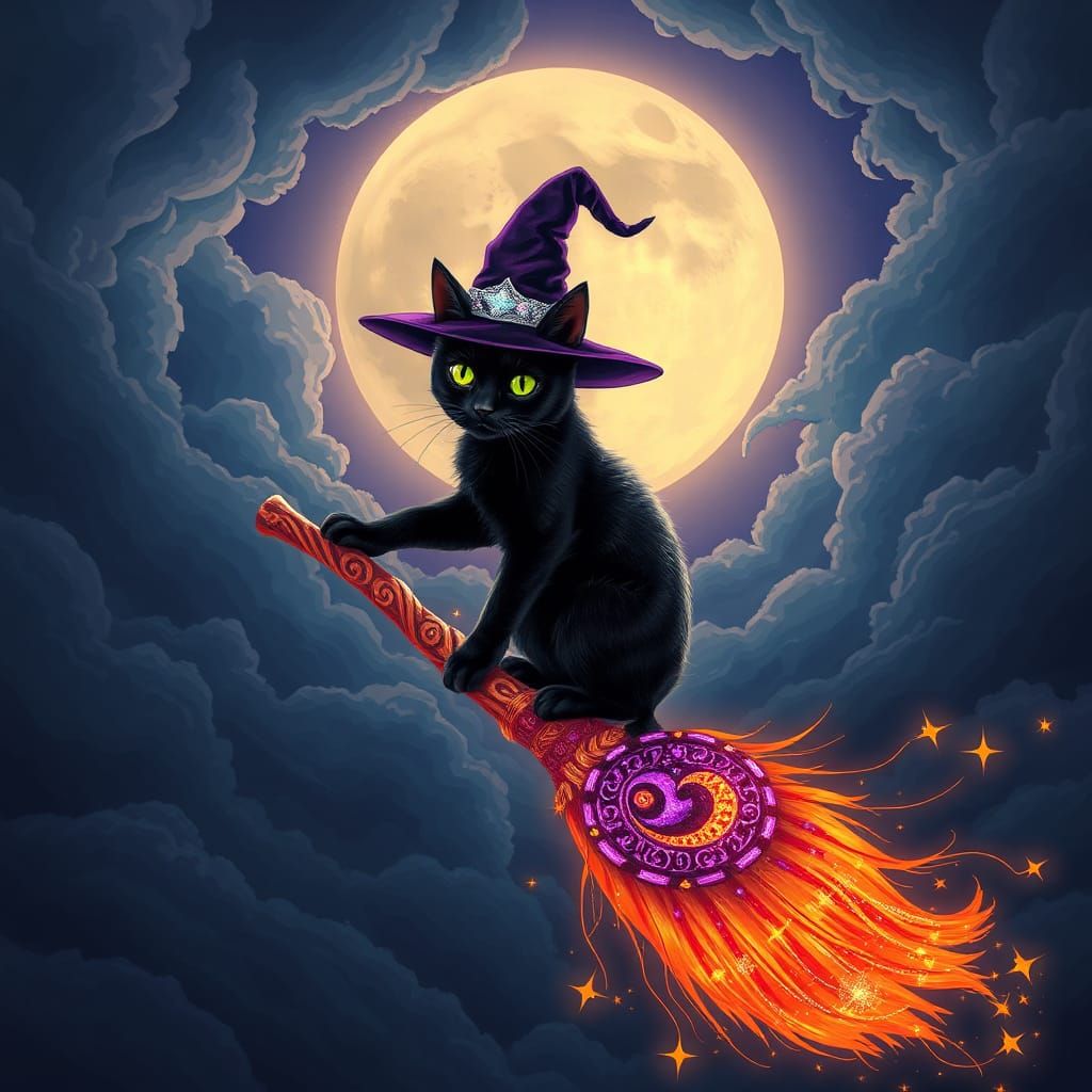 Cat Rides Magical Broomstick in Manga Style