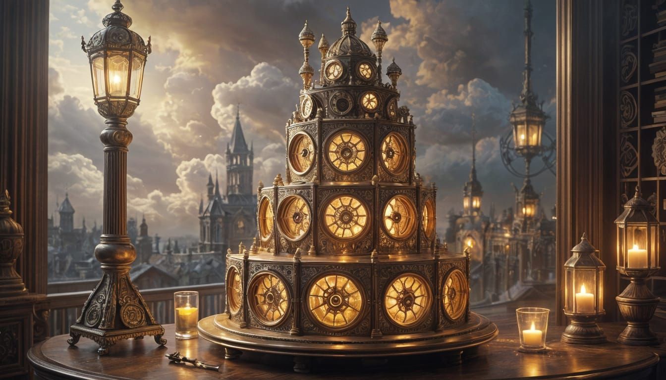 Steampunk Clockwork Cake in Ethereal Setting