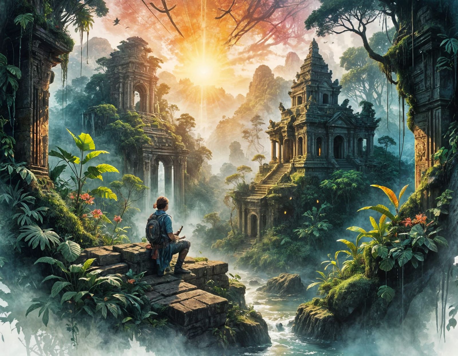 Explorer Finds Ancient Ruins at Sunrise, Watercolor Art