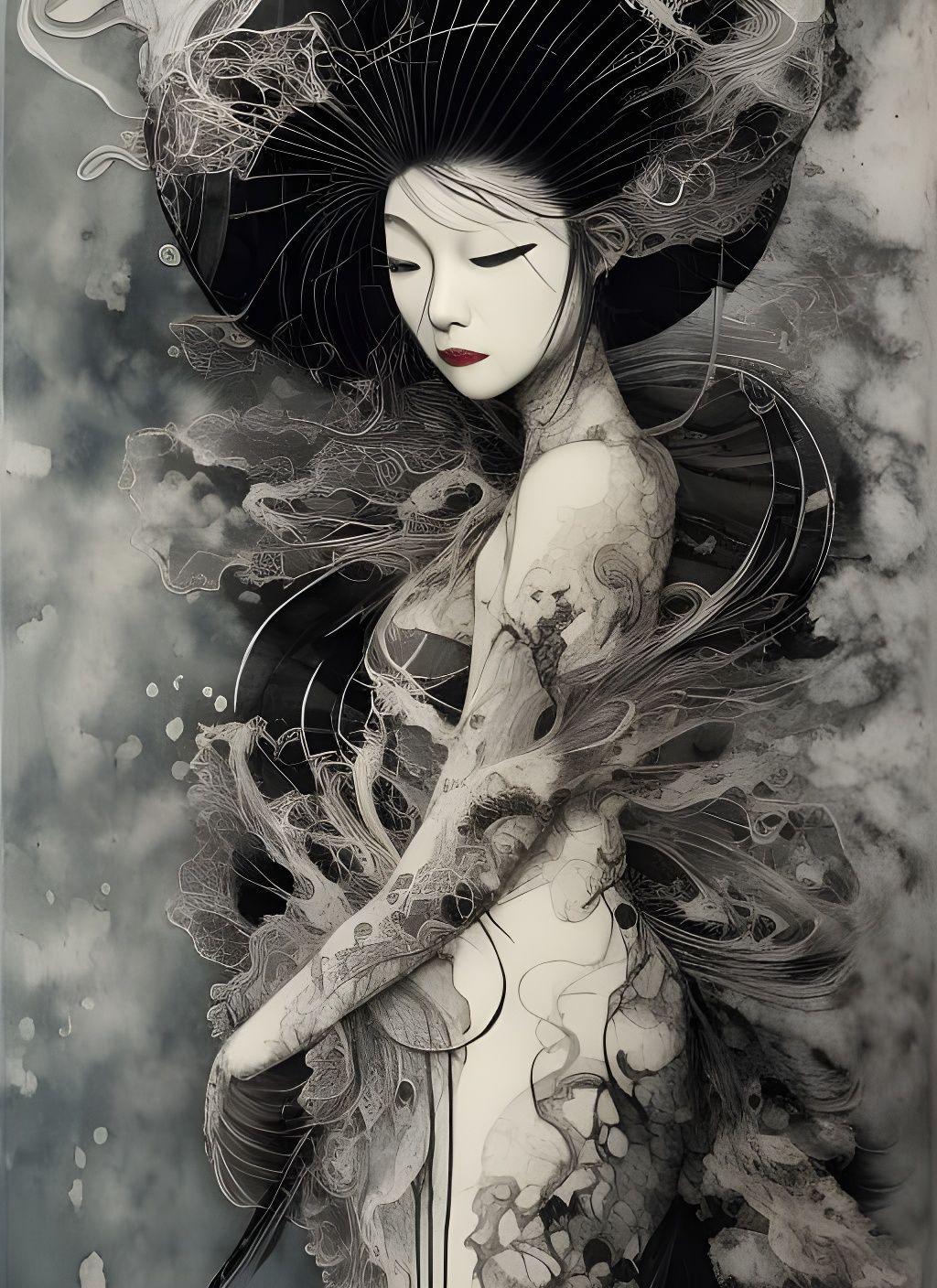Elegant Geisha in Black Ink Flow