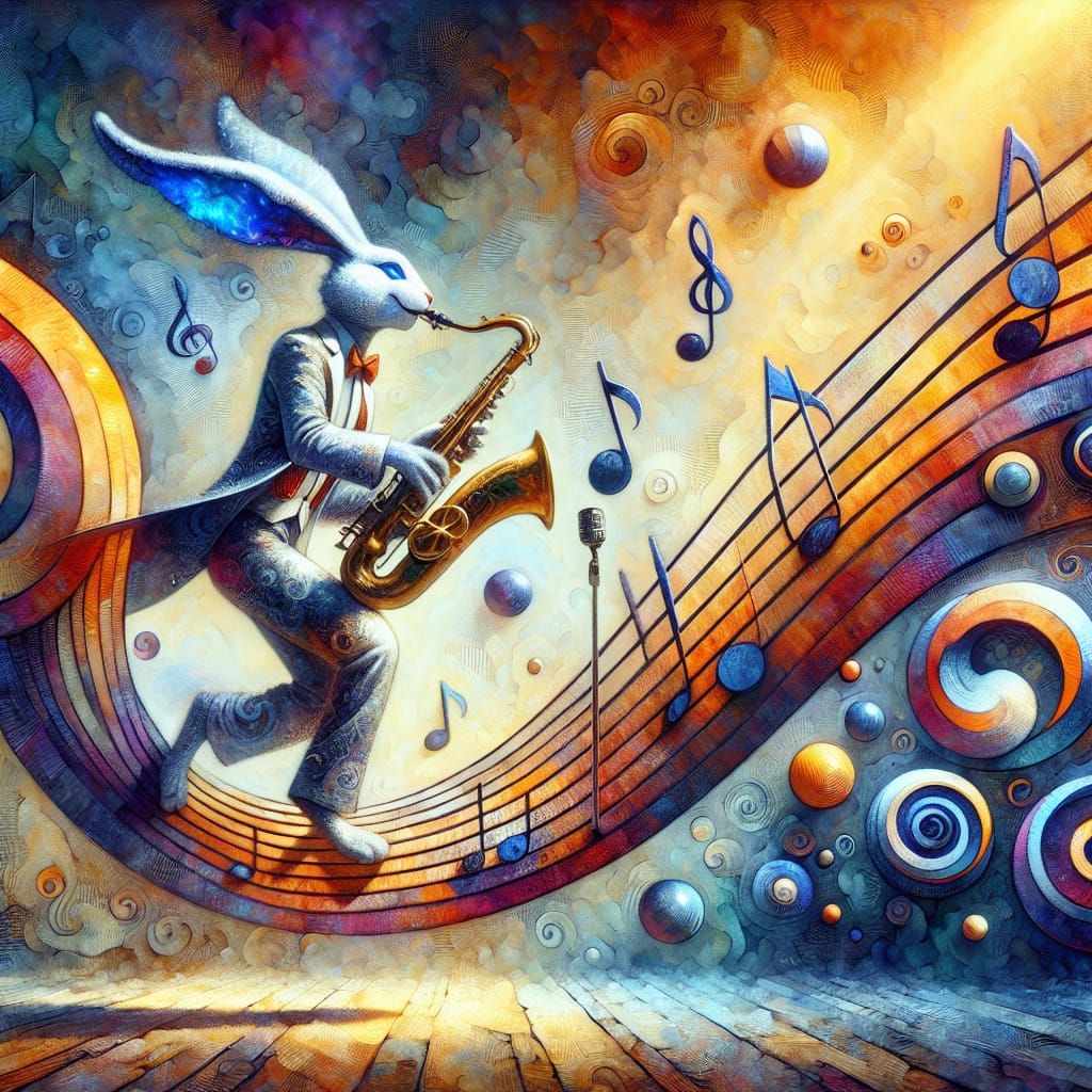 Surreal Rabbit Jazz Scene in Watercolor Style
