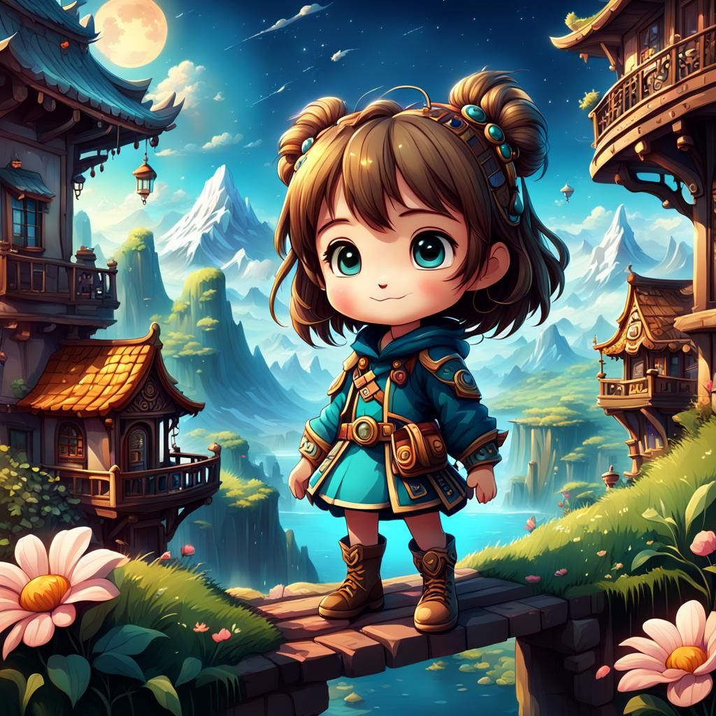 Detailed Chibi Character with Breathtaking Views