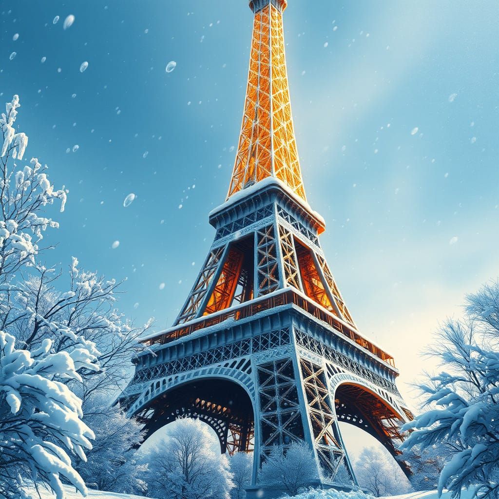Eiffel Tower Winter Wonderland in Cyberpunk Realism