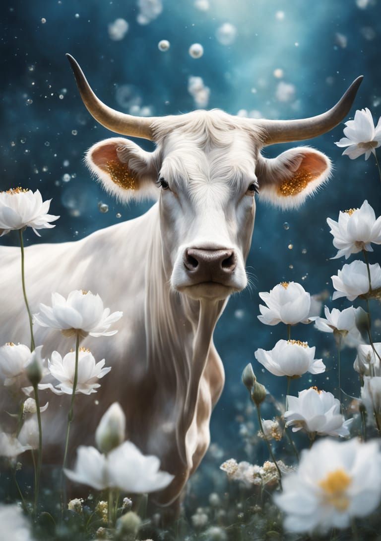 White Royal Cow Among Polythene Flowers