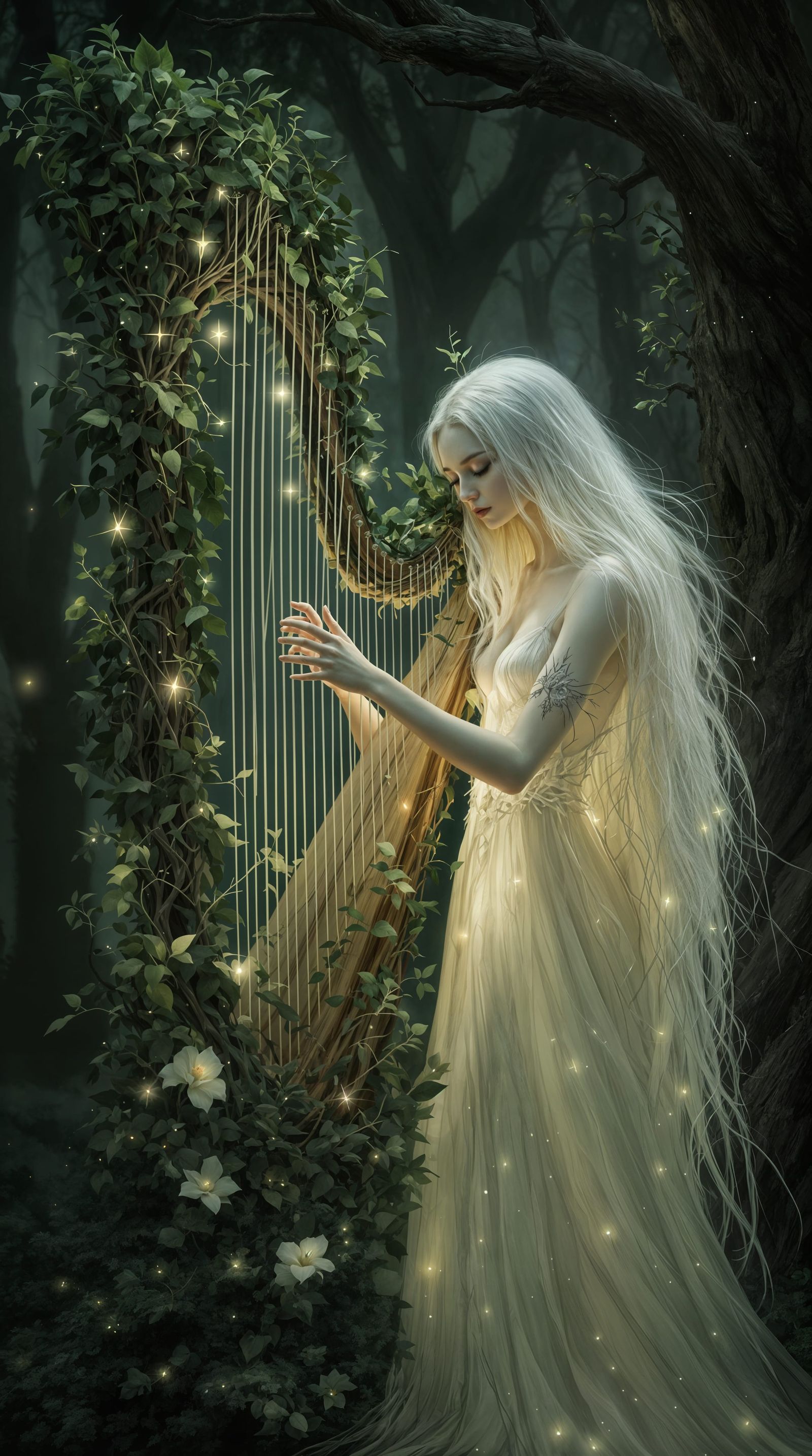 Ethereal Harpist in Mystical Forest Glade