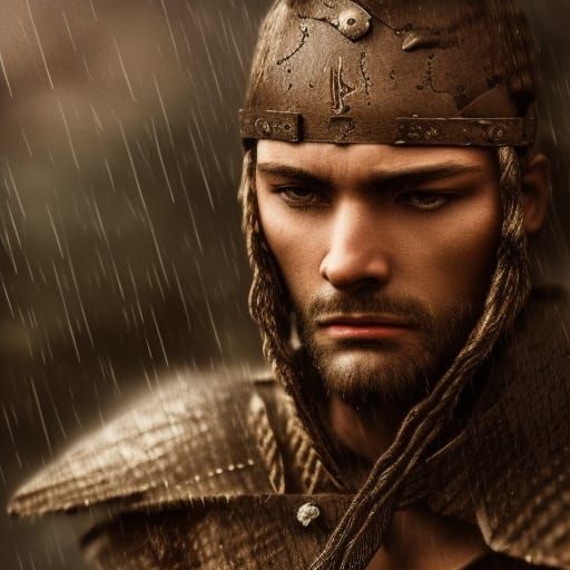 Weary Warrior in Rain: Detailed Digital Illustration