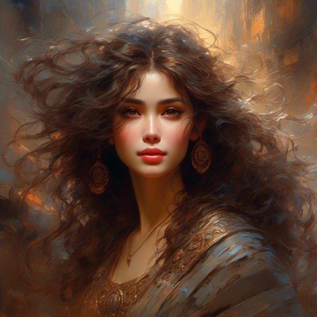 Palette Knife Portrait: Woman Laughing on Cobblestone Street