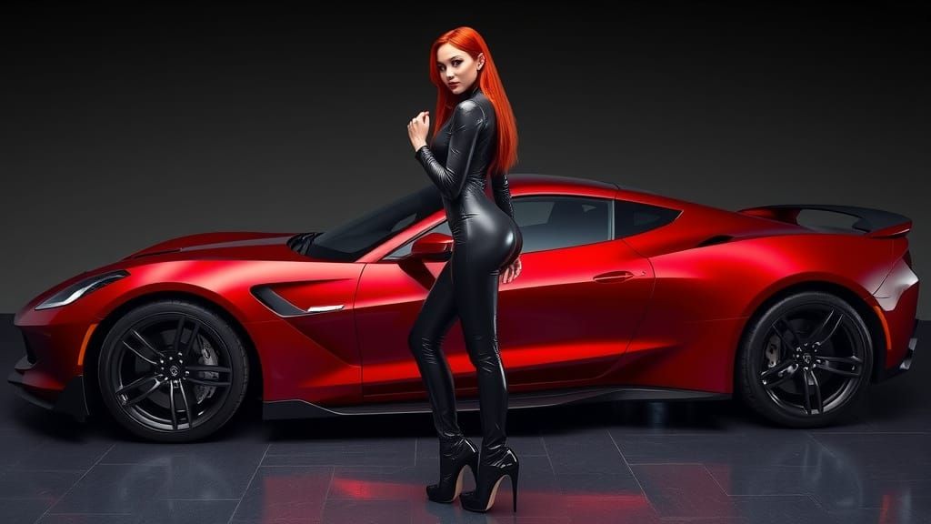 25 year old woman with very long red hair and in latex full ...