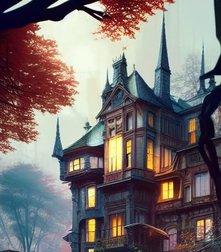 Victorian City Haunted Woods Painting in Vibrant Colors