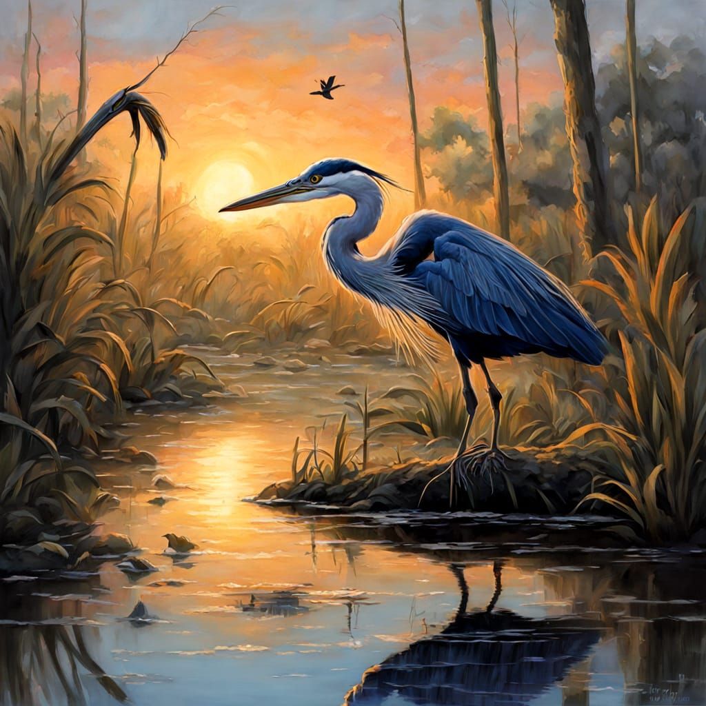 Blue Heron Surfs Alligator in Florida Swamp