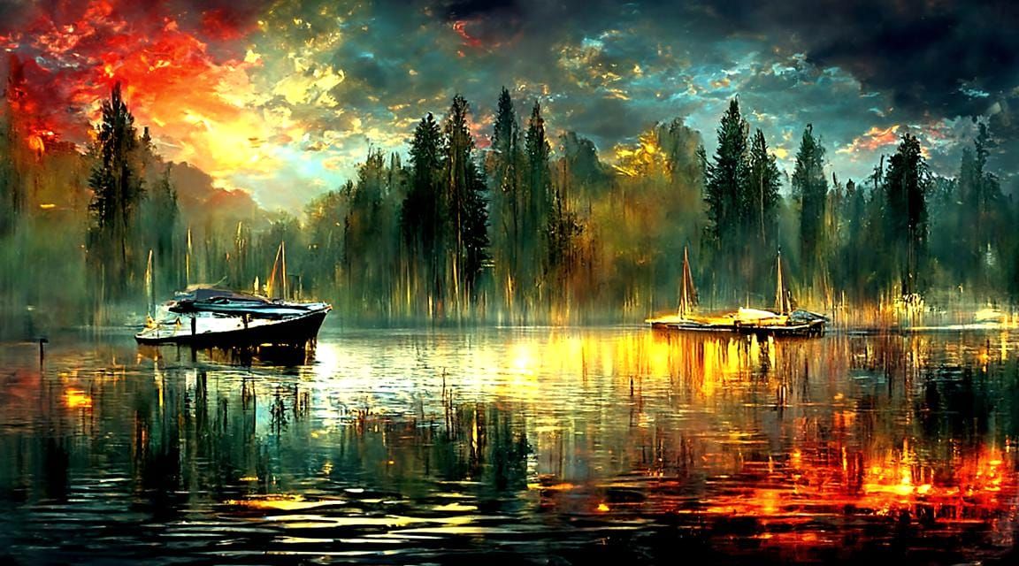 Majestic Lake and Forest Oil Painting at Sunset