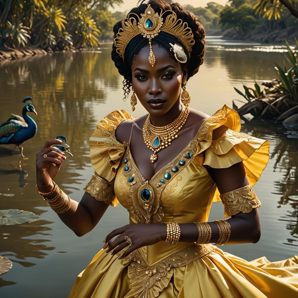 African Woman with Peacock Mirror in Hyperrealism