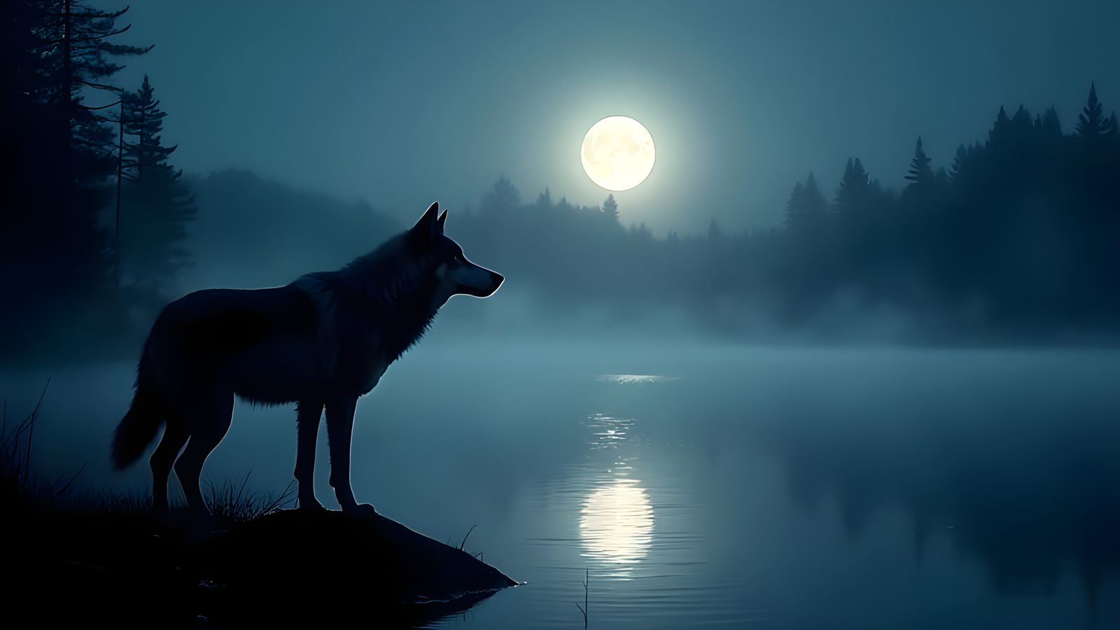 Wolf at Moonlit Lake: Cinematic Photography