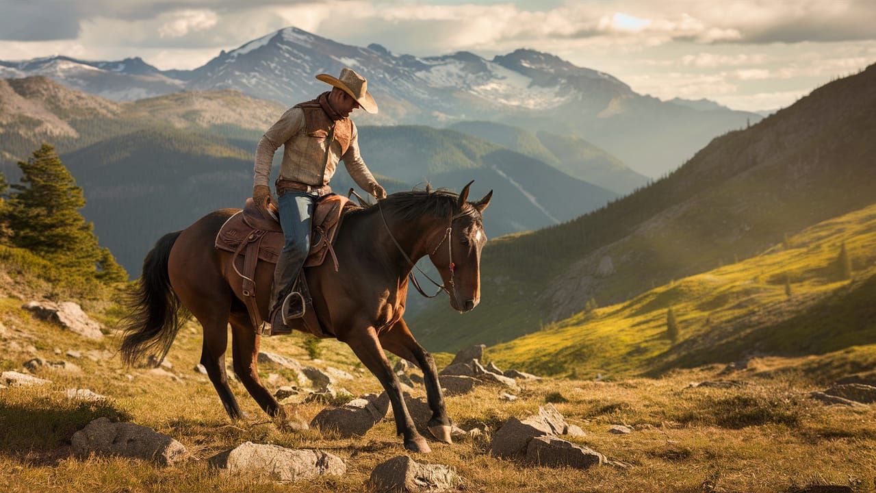 Lone Horseman Rides Through Majestic Rocky Mountains