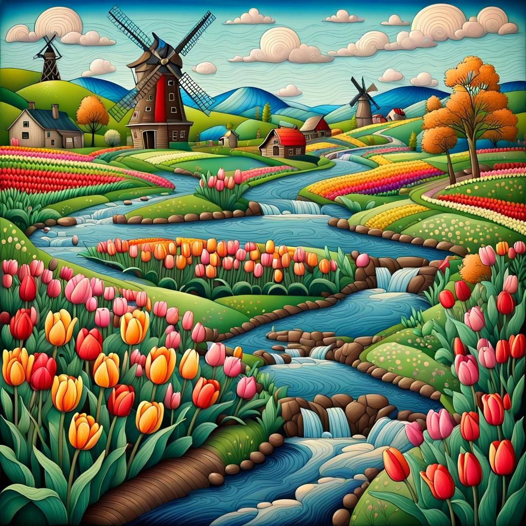 Folk Art Landscape with Zentangles and Cartoons