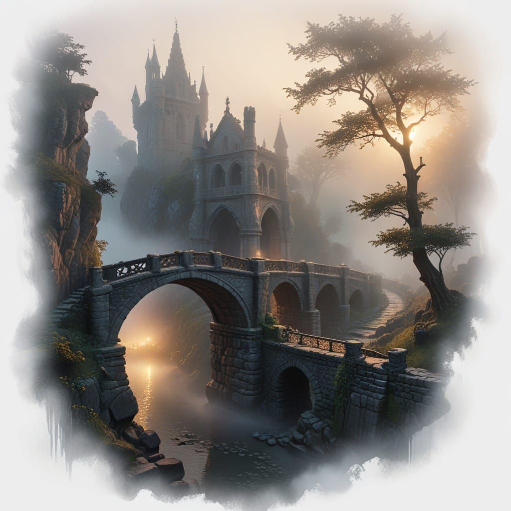 Gothic Stone Bridge in Morning Mist