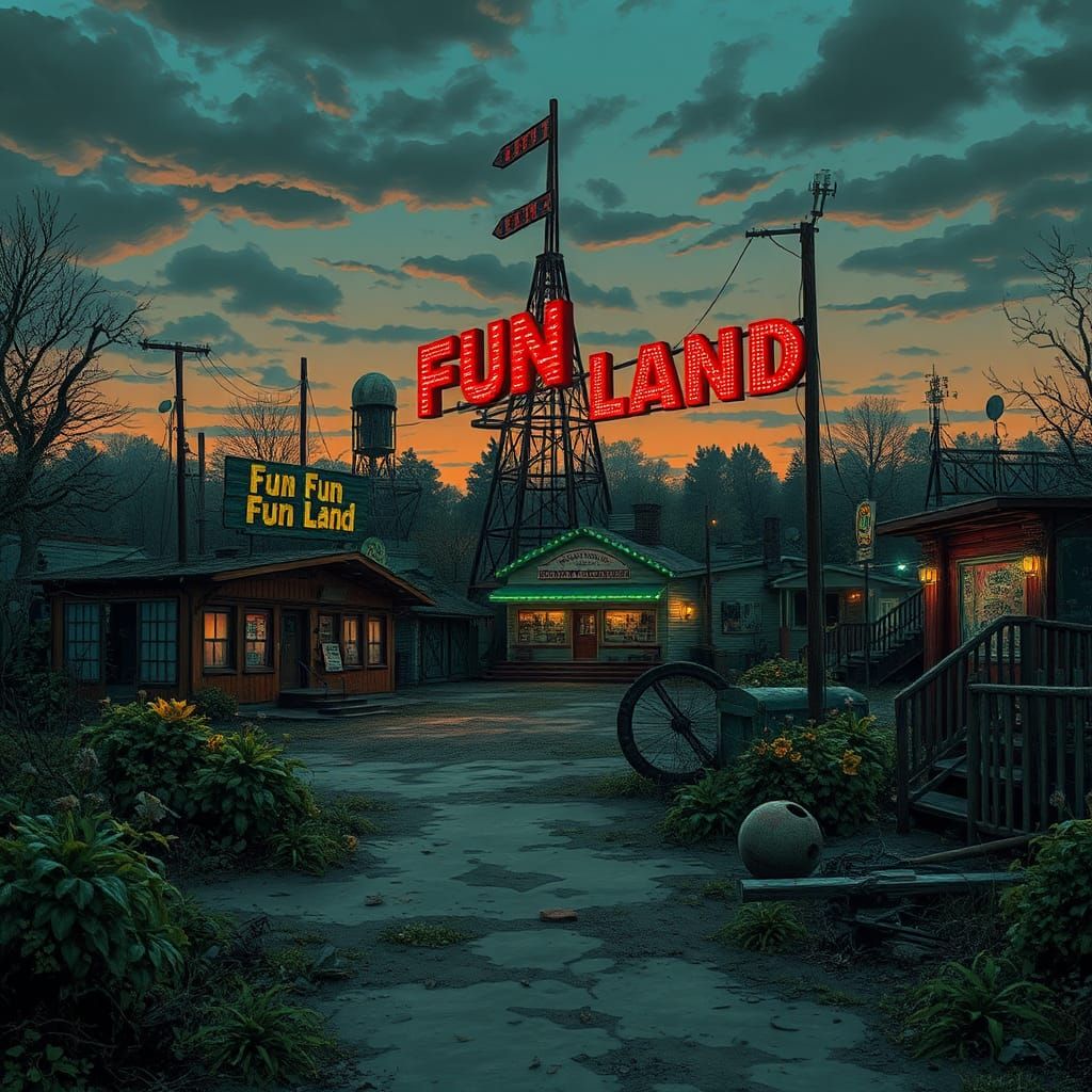 Eerie Abandoned Fun Park in Surreal Horror Style