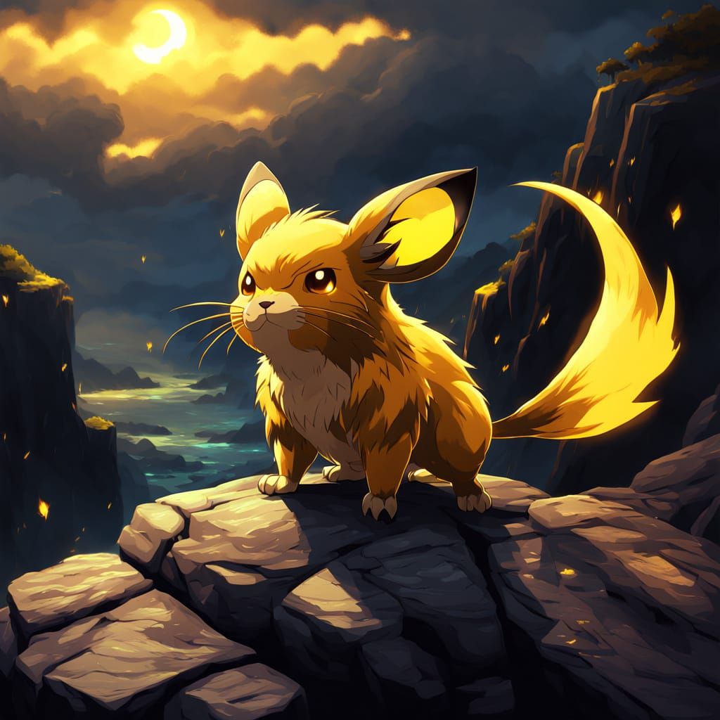 Dynamic Raichu Concept Art on Rocky Cliff