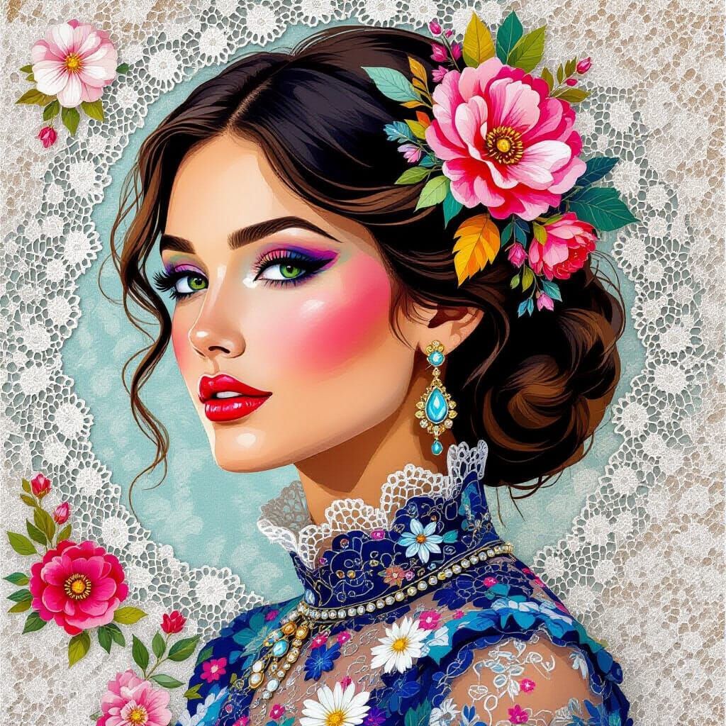 Creative Colorful Lace Collage Art of a Woman