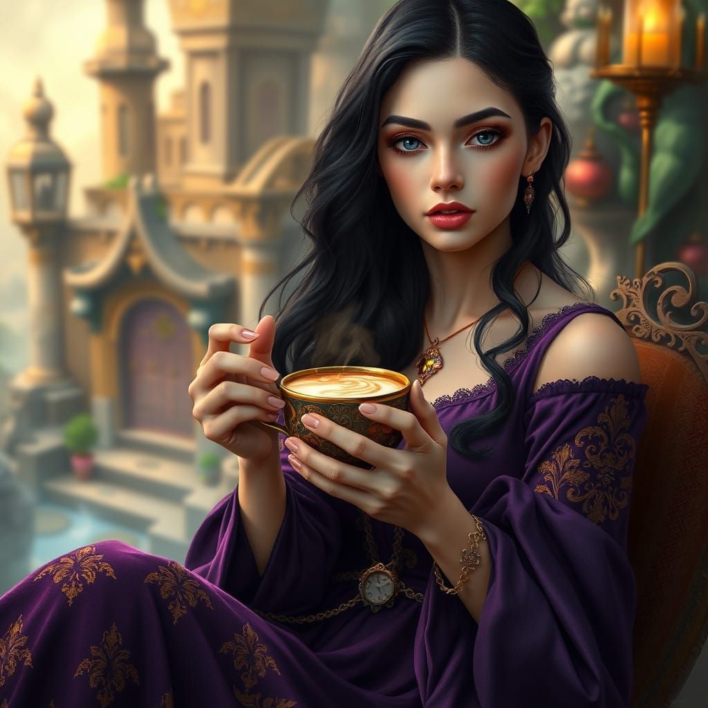 Elegant Woman Sips Cinnamon Latte in Whimsical Fantasy Realm