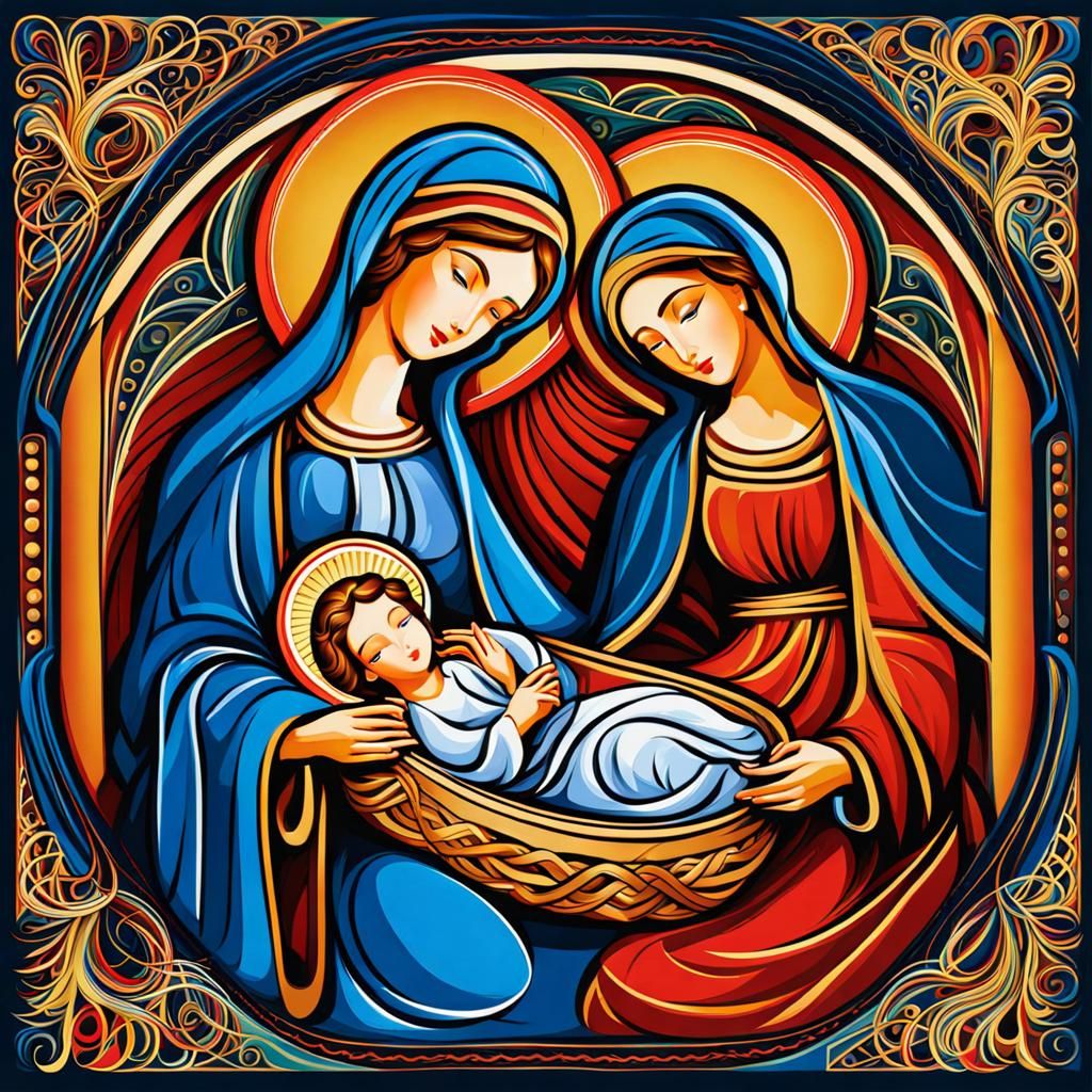 Stylized Nativity Scene Painting with Geometric Patterns