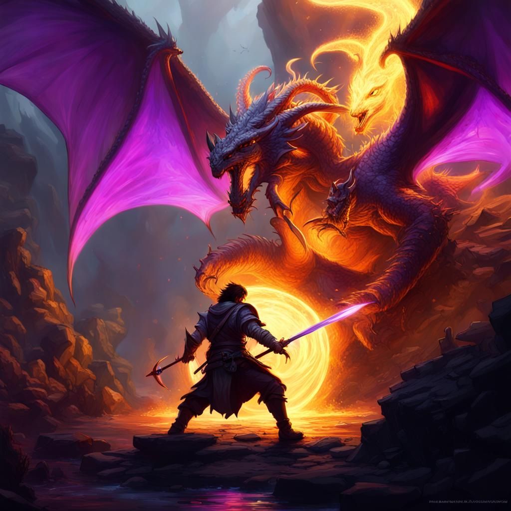 Brave Warrior Fighting Dragon with Magic Spells