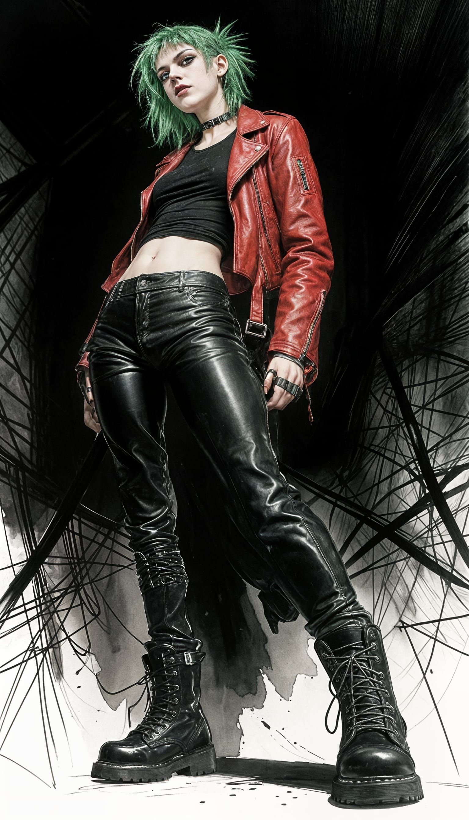 Punk Girl in Chiaroscuro Lighting, Ink and Watercolor Style