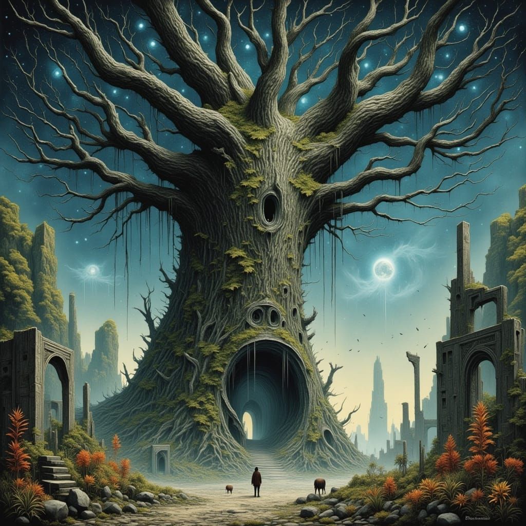 Ancient Tree Spirit Under Nebulae Sky Concept Art