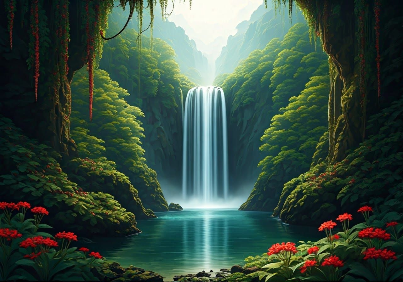 Mystical Waterfall Hidden Valley at Dawn